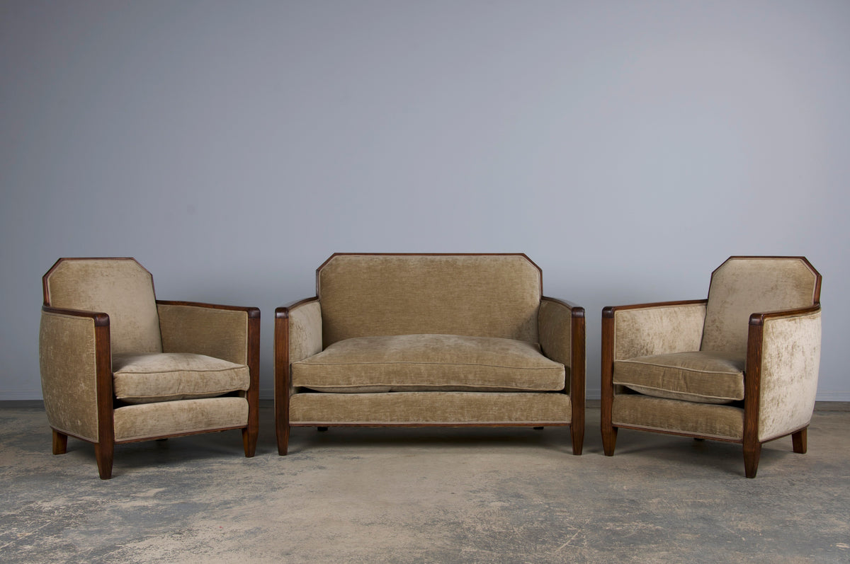 1930s French Art Deco Maple Club Chairs and Loveseat W/ Beige Velvet - Set of 3