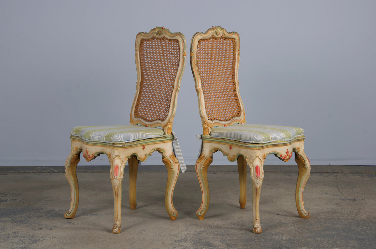 Early 19th Century French Louis XV Style Painted Cane Back Dining Chairs W/ Striped Linen - Set of 6