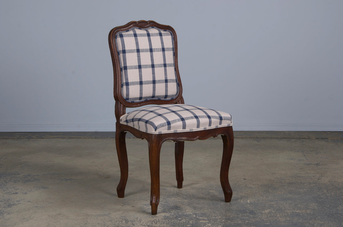 Antique French Louis XV Style Oak Dining Chairs W/ Plaid Fabric - Set of 6