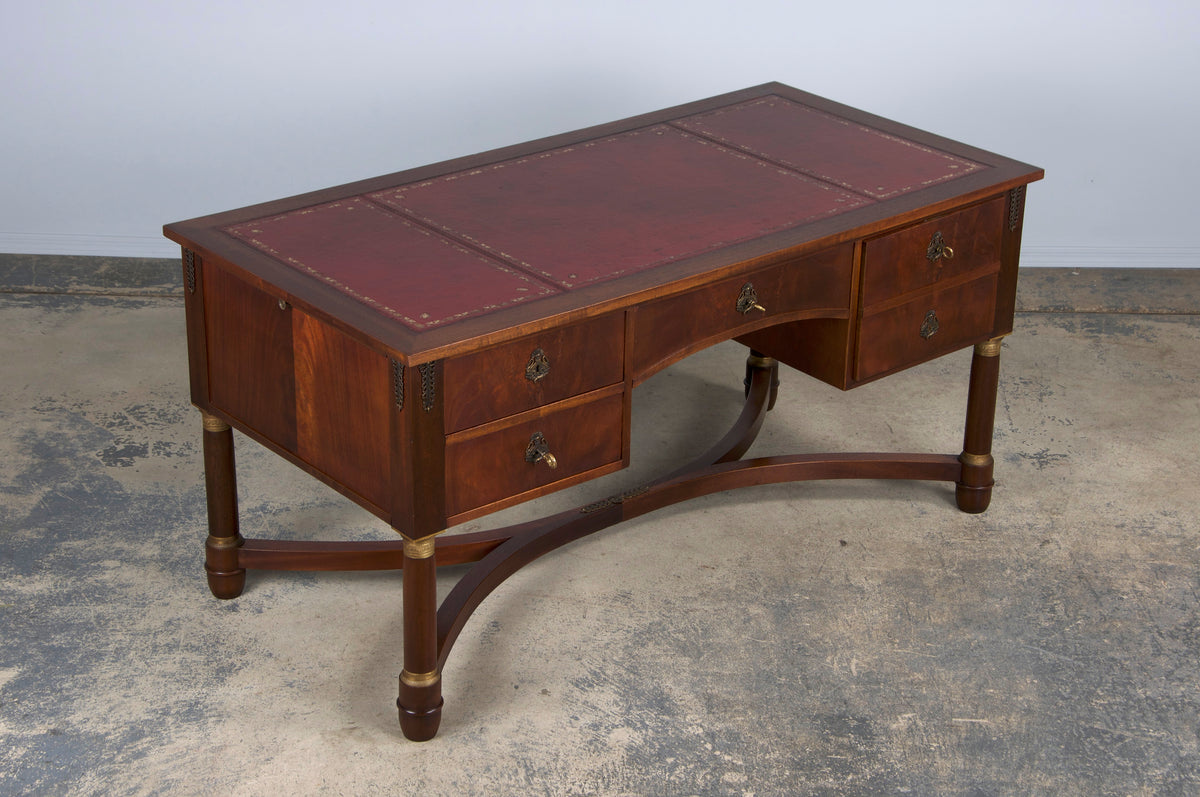 French Empire Style Mahogany Writing Desk W/ Red Leather Top