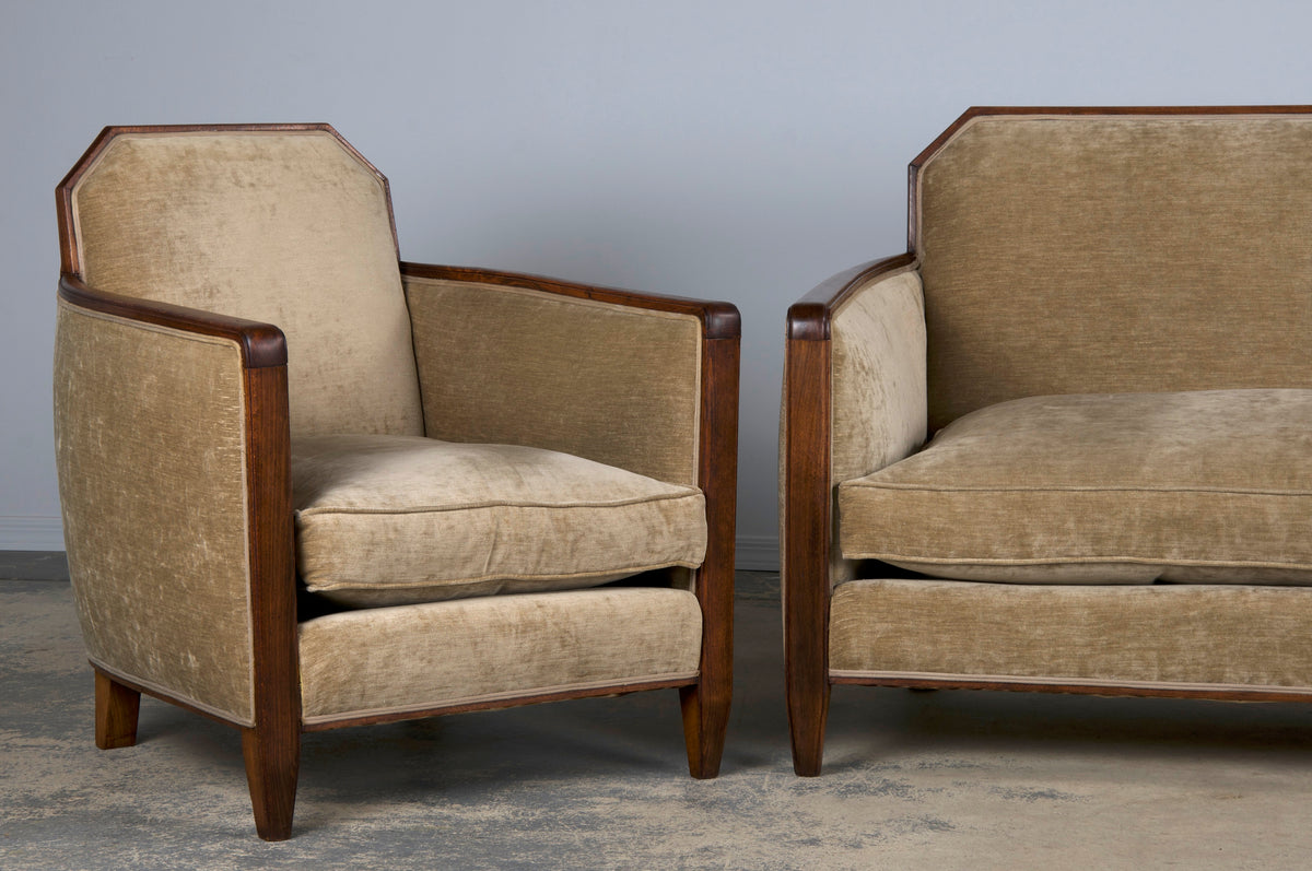 1930s French Art Deco Maple Club Chairs and Loveseat W/ Beige Velvet - Set of 3