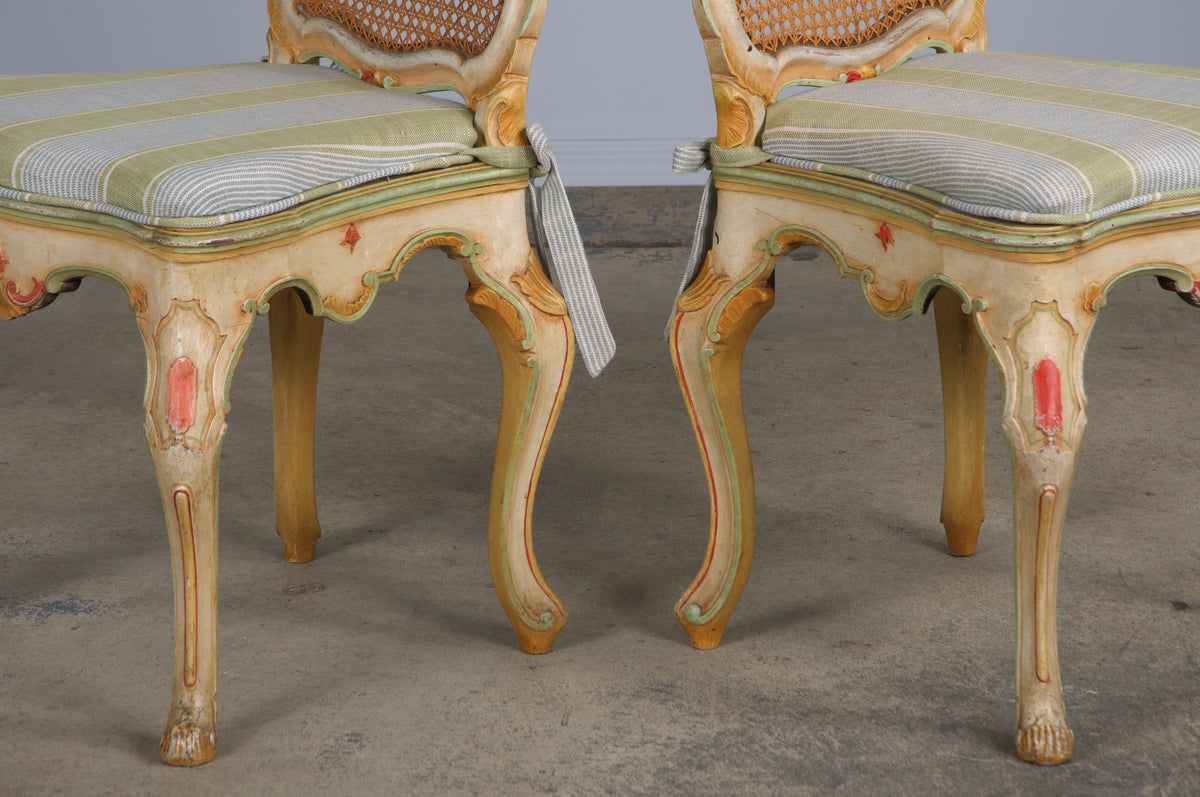 Early 19th Century French Louis XV Style Painted Cane Back Dining Chairs W/ Striped Linen - Set of 6