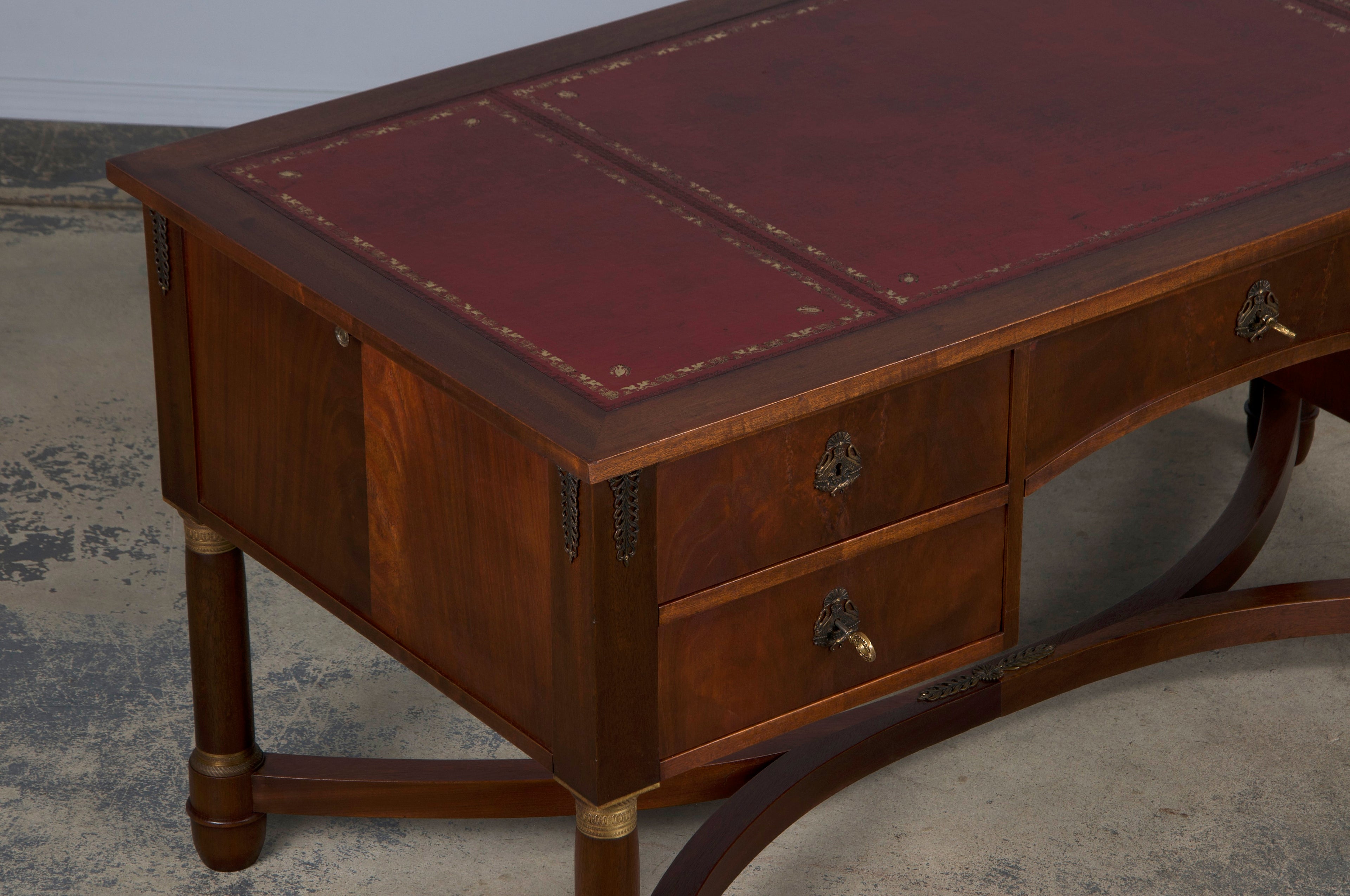 French Empire Style Mahogany Writing Desk W/ Red Leather Top