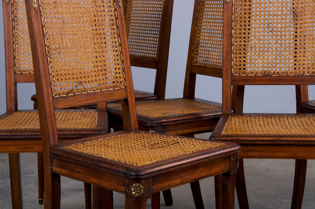 Antique French Louis XVI Style Walnut Inlay Cane Dining Chairs - Set of 6