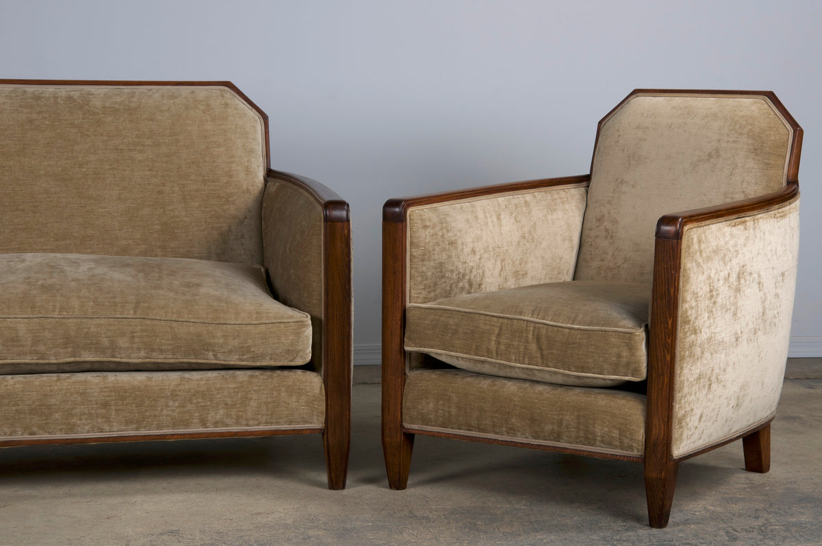 1930s French Art Deco Maple Club Chairs and Loveseat W/ Beige Velvet - Set of 3