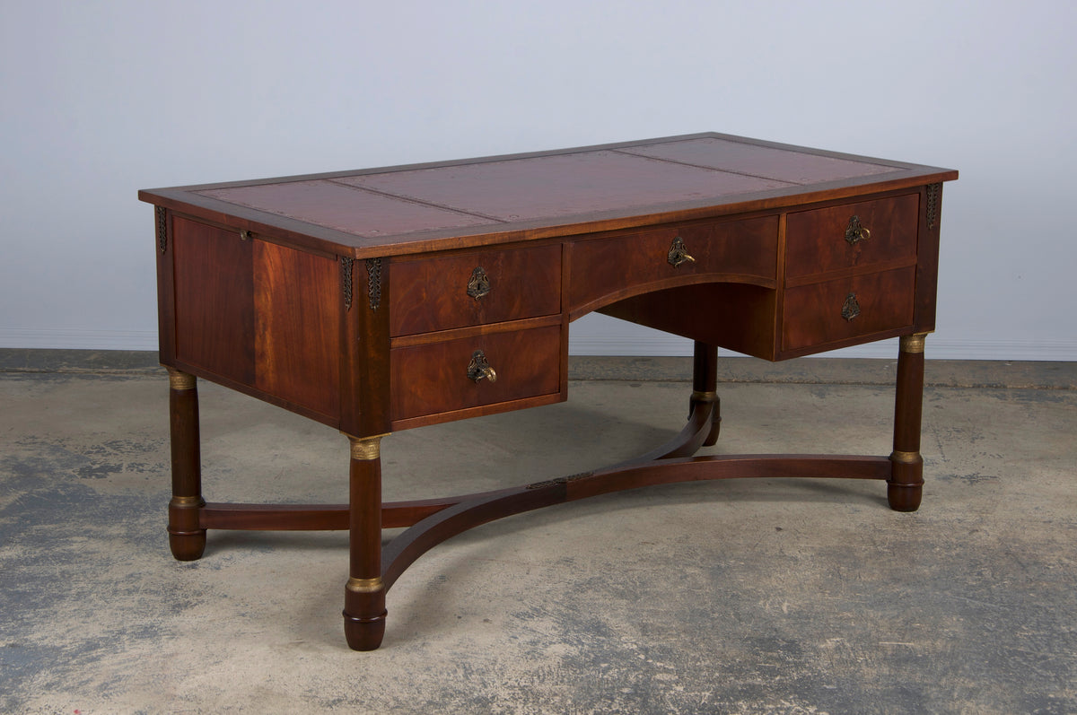 French Empire Style Mahogany Writing Desk W/ Red Leather Top