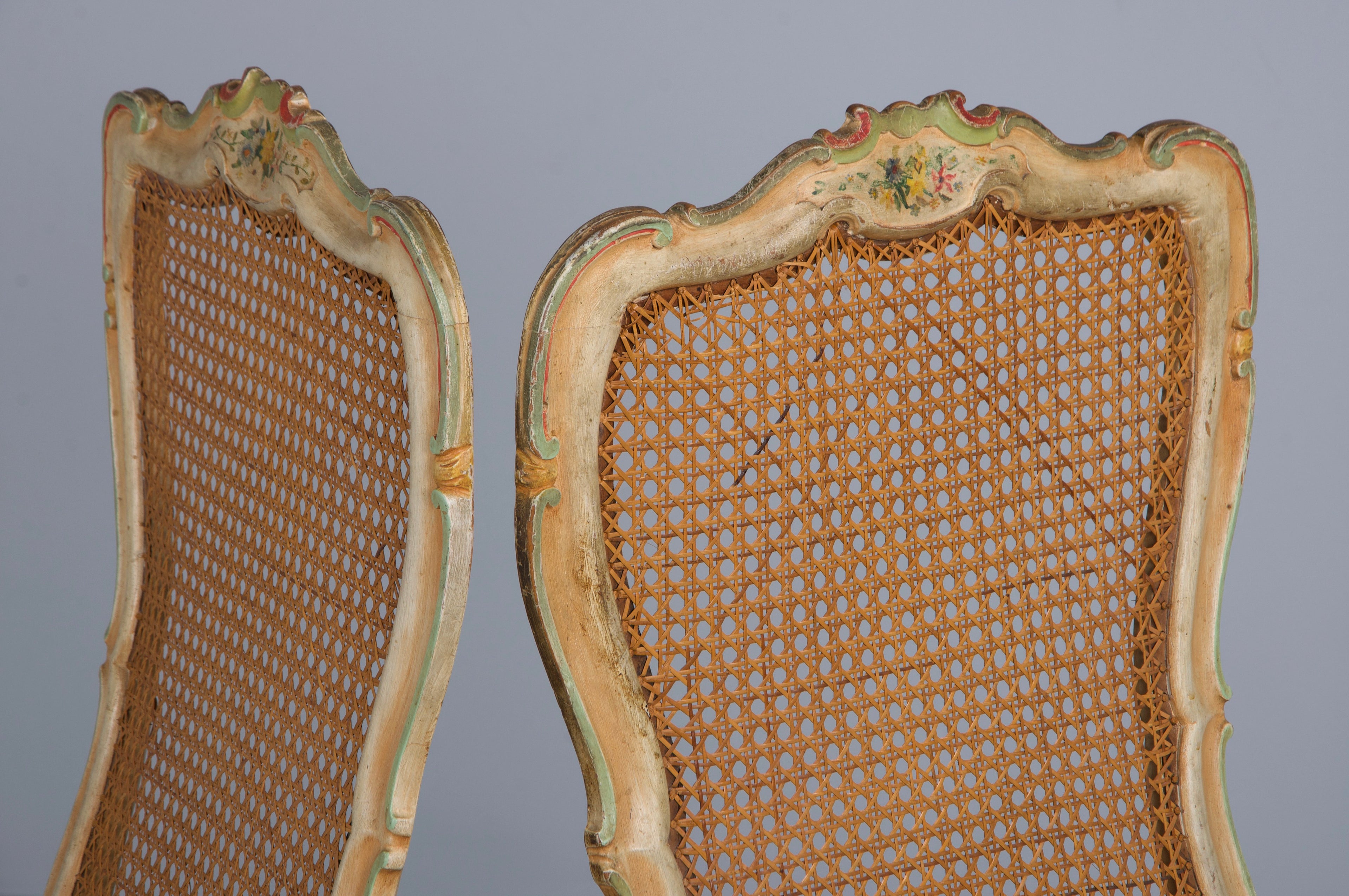 Early 19th Century French Louis XV Style Painted Cane Back Dining Chairs W/ Striped Linen - Set of 6