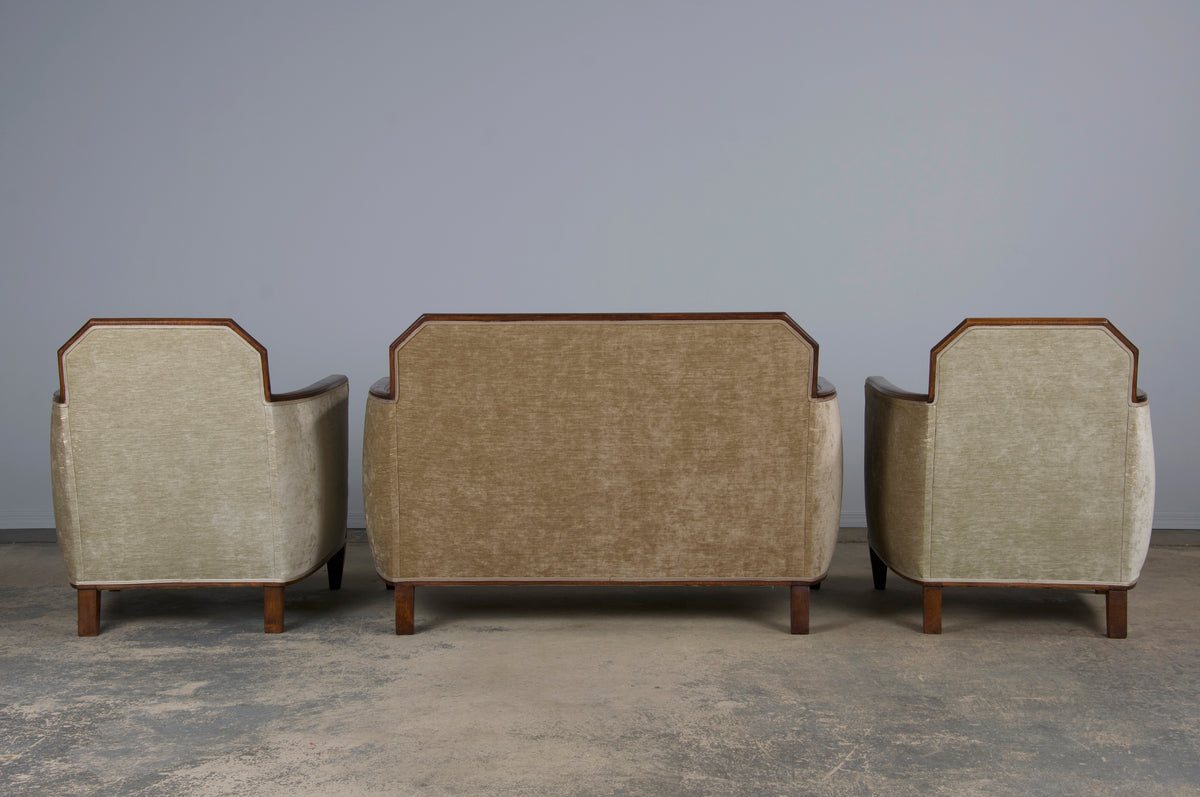 1930s French Art Deco Maple Club Chairs and Loveseat W/ Beige Velvet - Set of 3