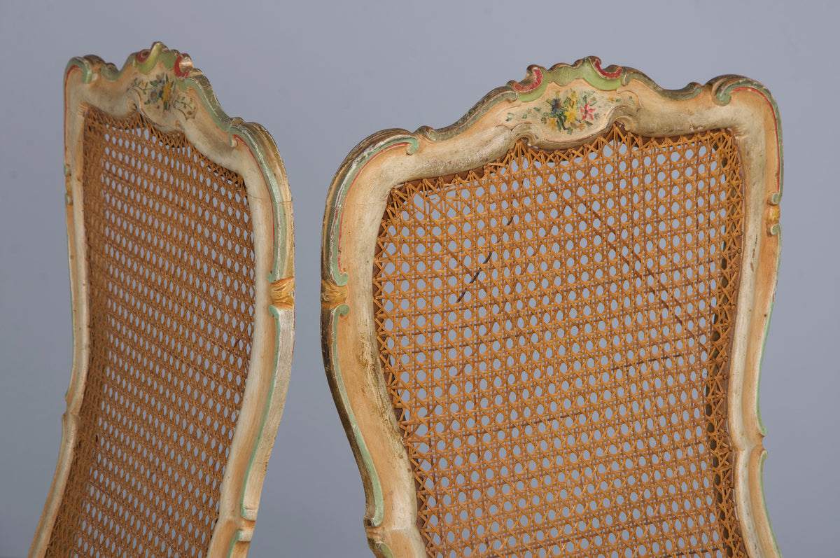 Early 19th Century French Louis XV Style Painted Cane Back Dining Chairs W/ Striped Linen - Set of 6