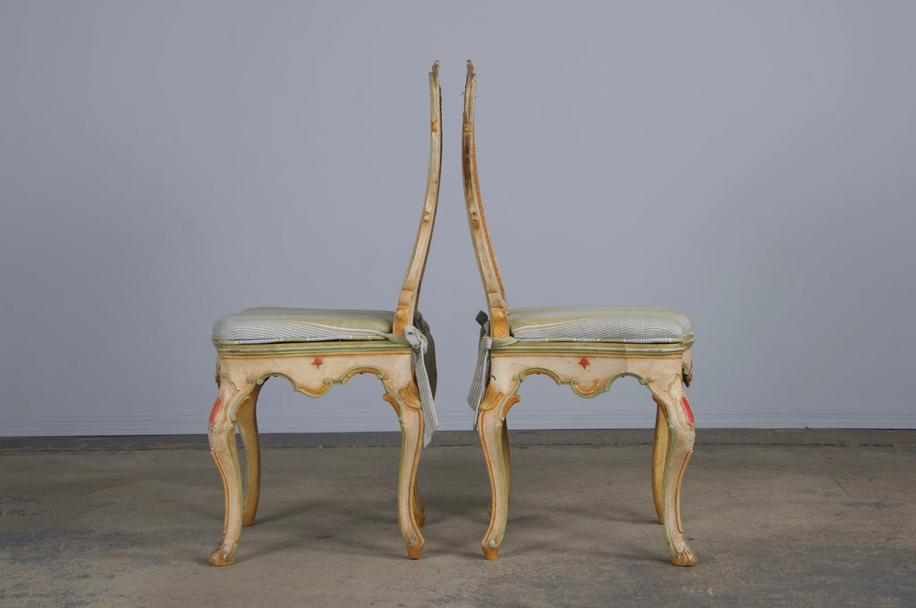 Early 19th Century French Louis XV Style Painted Cane Back Dining Chairs W/ Striped Linen - Set of 6