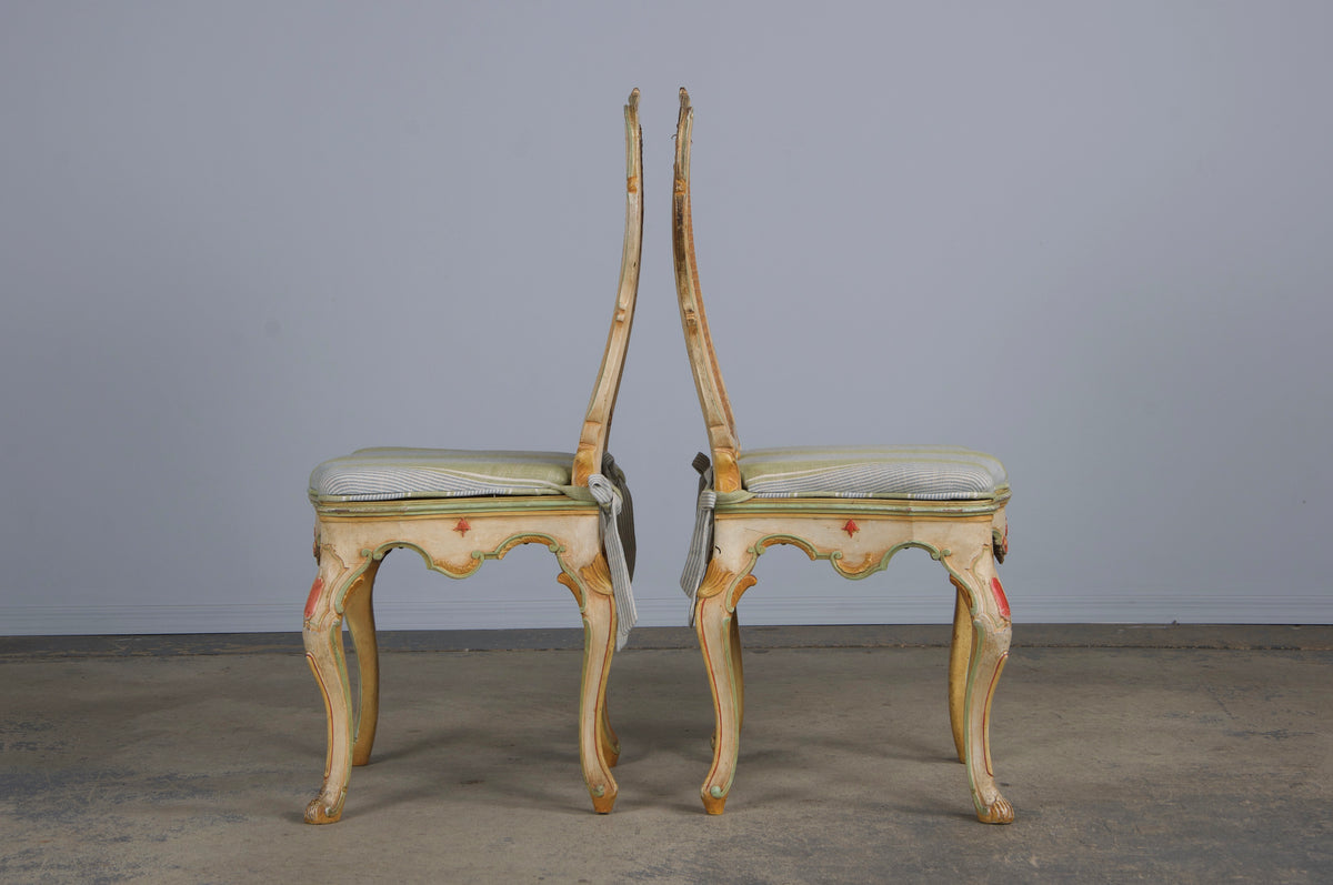 Early 19th Century French Louis XV Style Painted Cane Back Dining Chairs W/ Striped Linen - Set of 6