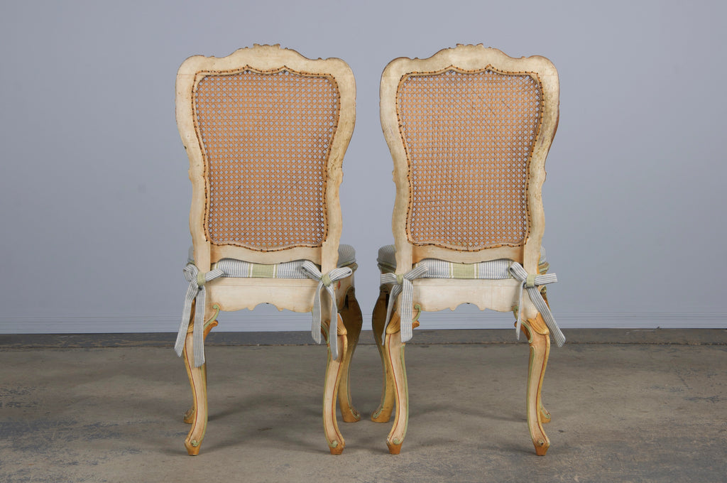 Early 19th Century French Louis XV Style Painted Cane Back Dining Chairs W/ Striped Linen - Set of 6