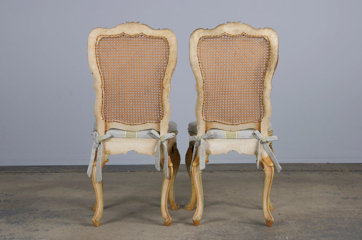 Early 19th Century French Louis XV Style Painted Cane Back Dining Chairs W/ Striped Linen - Set of 6