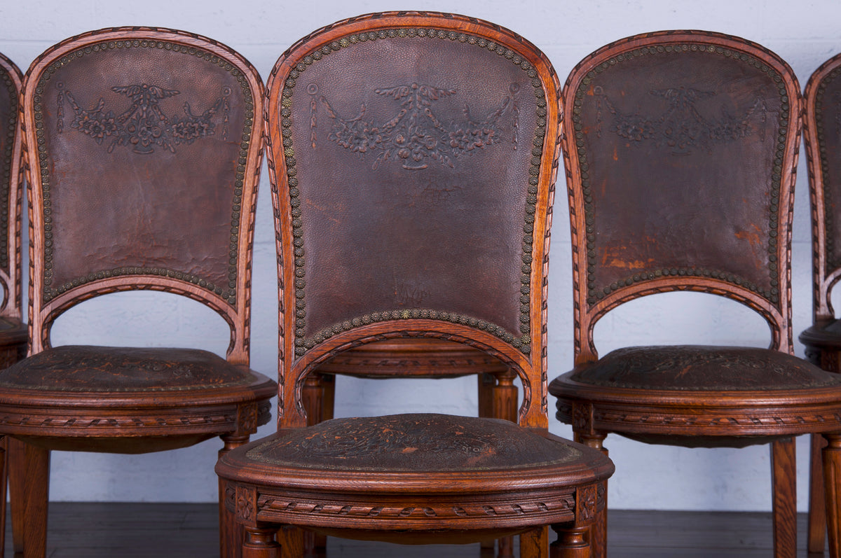 Antique French Louis XVI Style Oak  Dining Chairs W/ Tooled Leather - Set of 6