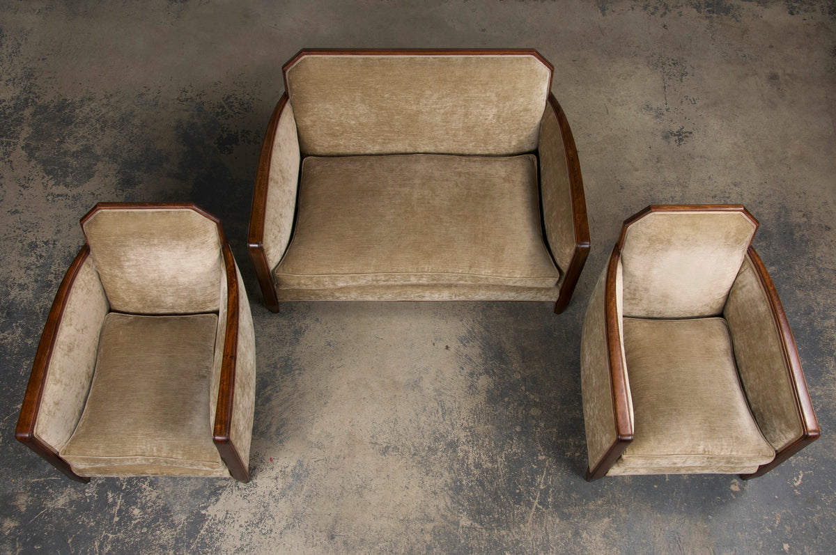 1930s French Art Deco Maple Club Chairs and Loveseat W/ Beige Velvet - Set of 3