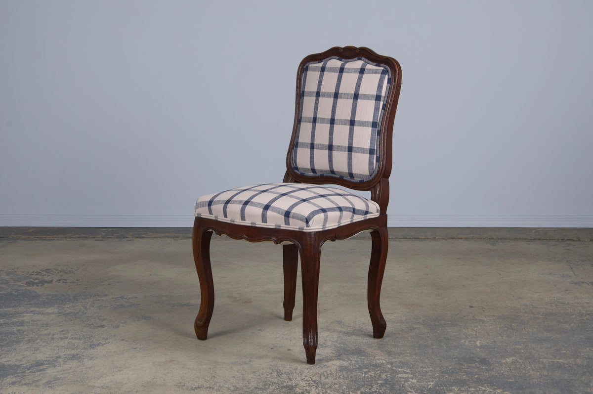 Antique French Louis XV Style Oak Dining Chairs W/ Plaid Fabric - Set of 6