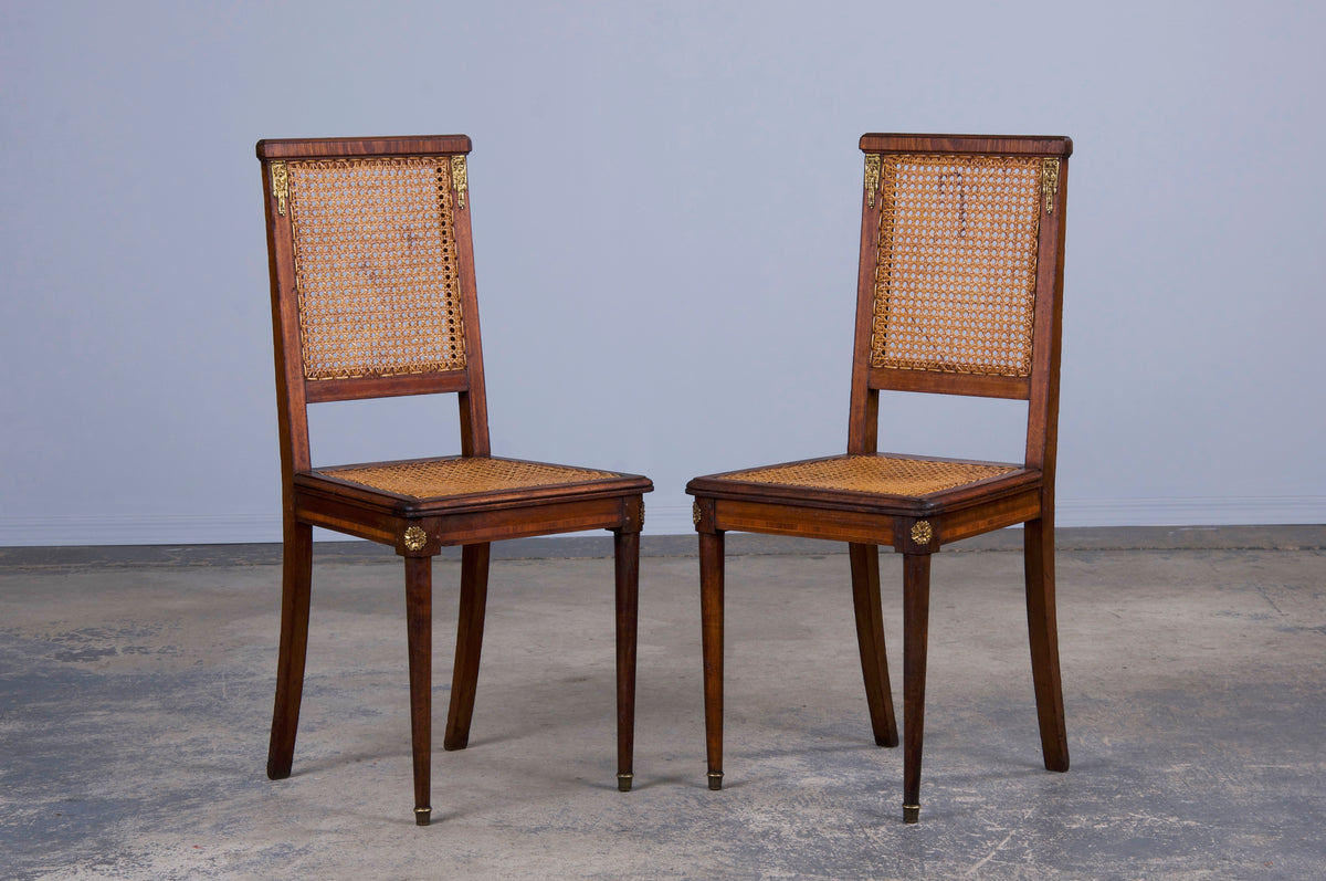 Antique French Louis XVI Style Walnut Inlay Cane Dining Chairs - Set of 6