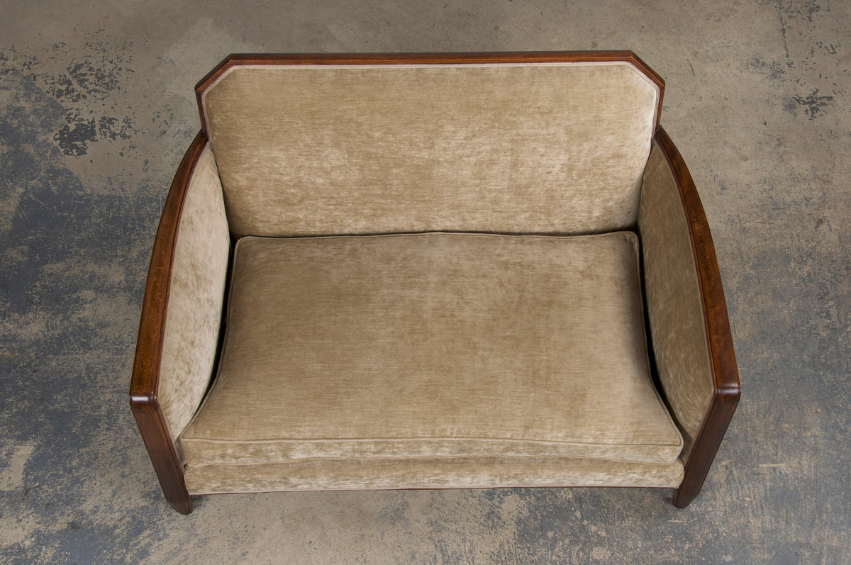 1930s French Art Deco Maple Club Chairs and Loveseat W/ Beige Velvet - Set of 3