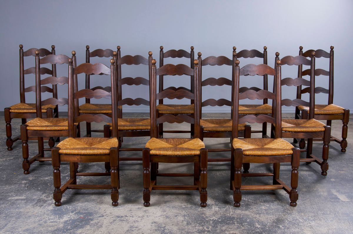 Antique Country French Style Maple Ladder Back Farmhouse Dining Chairs W/ Rush Seats - set of 12