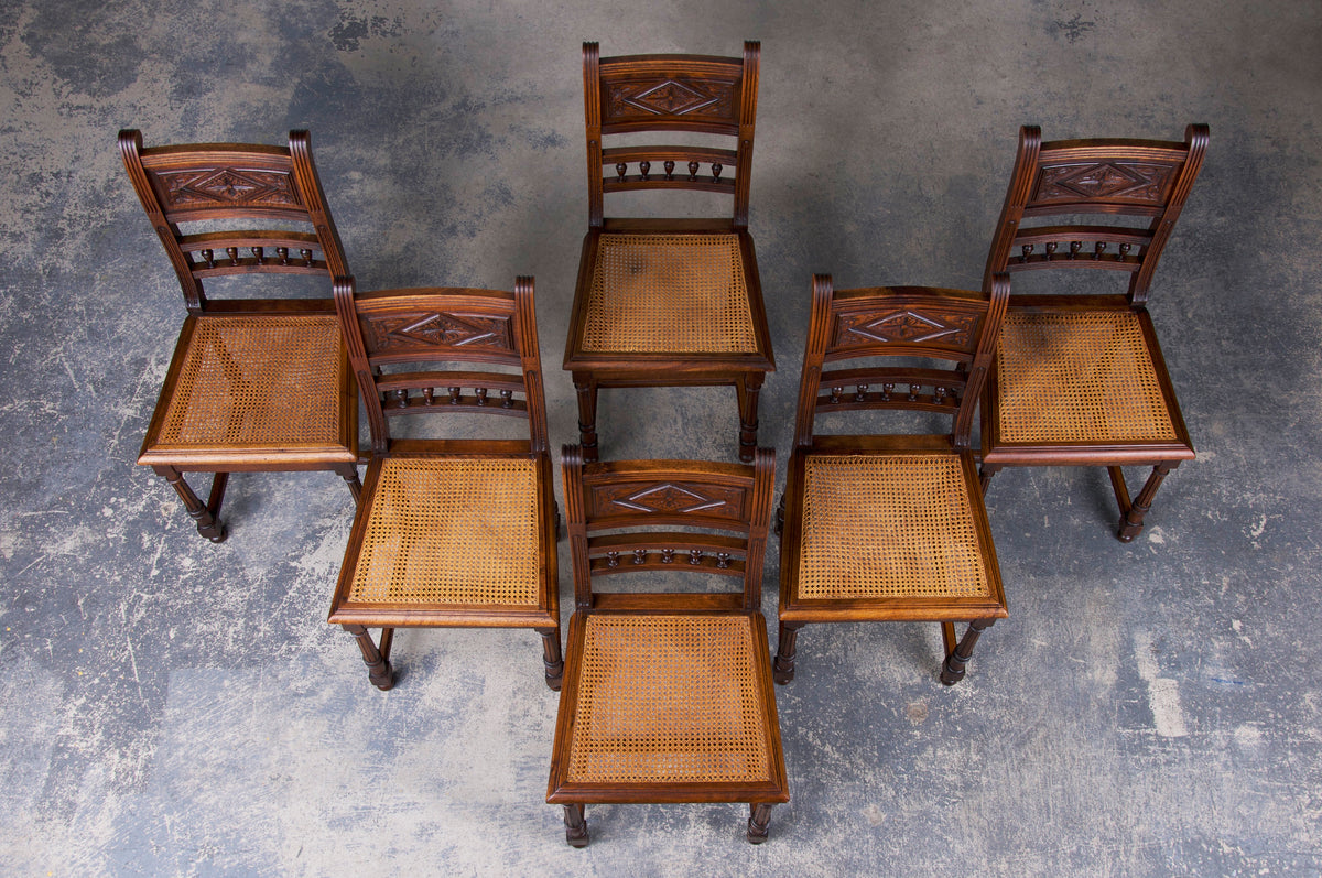 Antique French Henry II Style Walnut Dining Chairs W/ Cane Seats - Set of 6