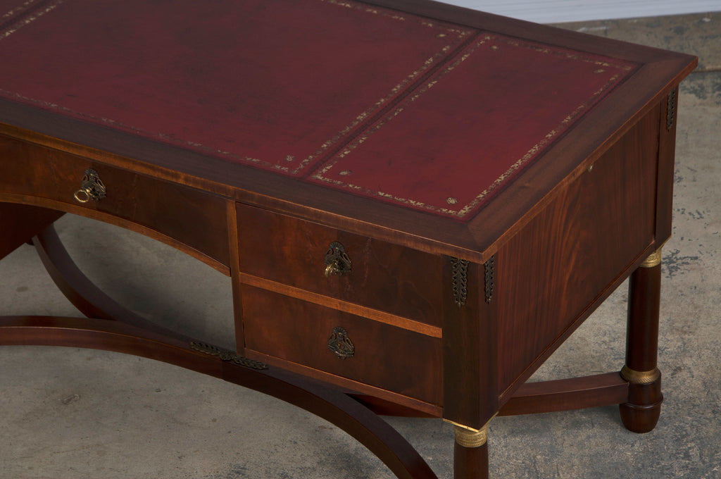 French Empire Style Mahogany Writing Desk W/ Red Leather Top