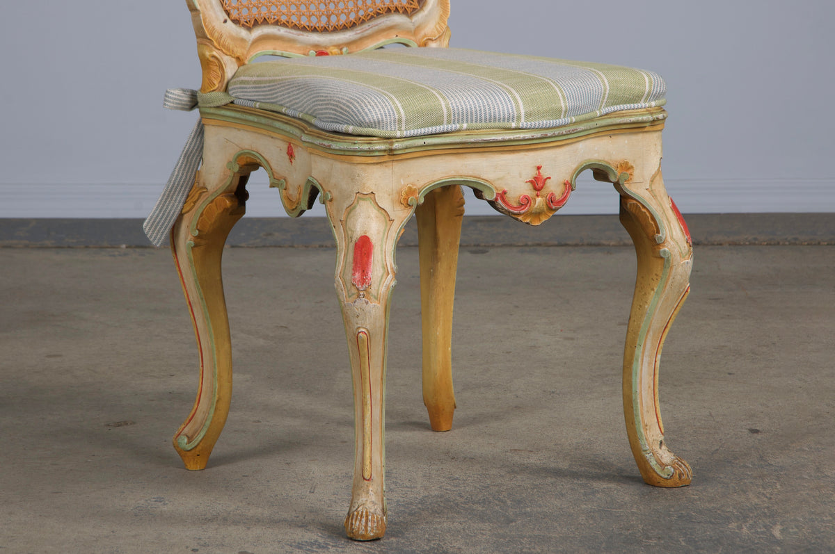 Early 19th Century French Louis XV Style Painted Cane Back Dining Chairs W/ Striped Linen - Set of 6