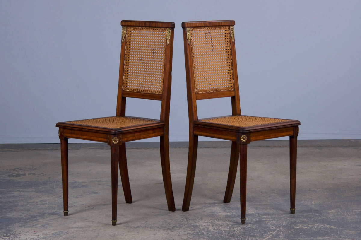 Antique French Louis XVI Style Walnut Inlay Cane Dining Chairs - Set of 6