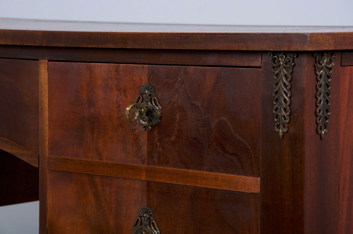 French Empire Style Mahogany Writing Desk W/ Red Leather Top