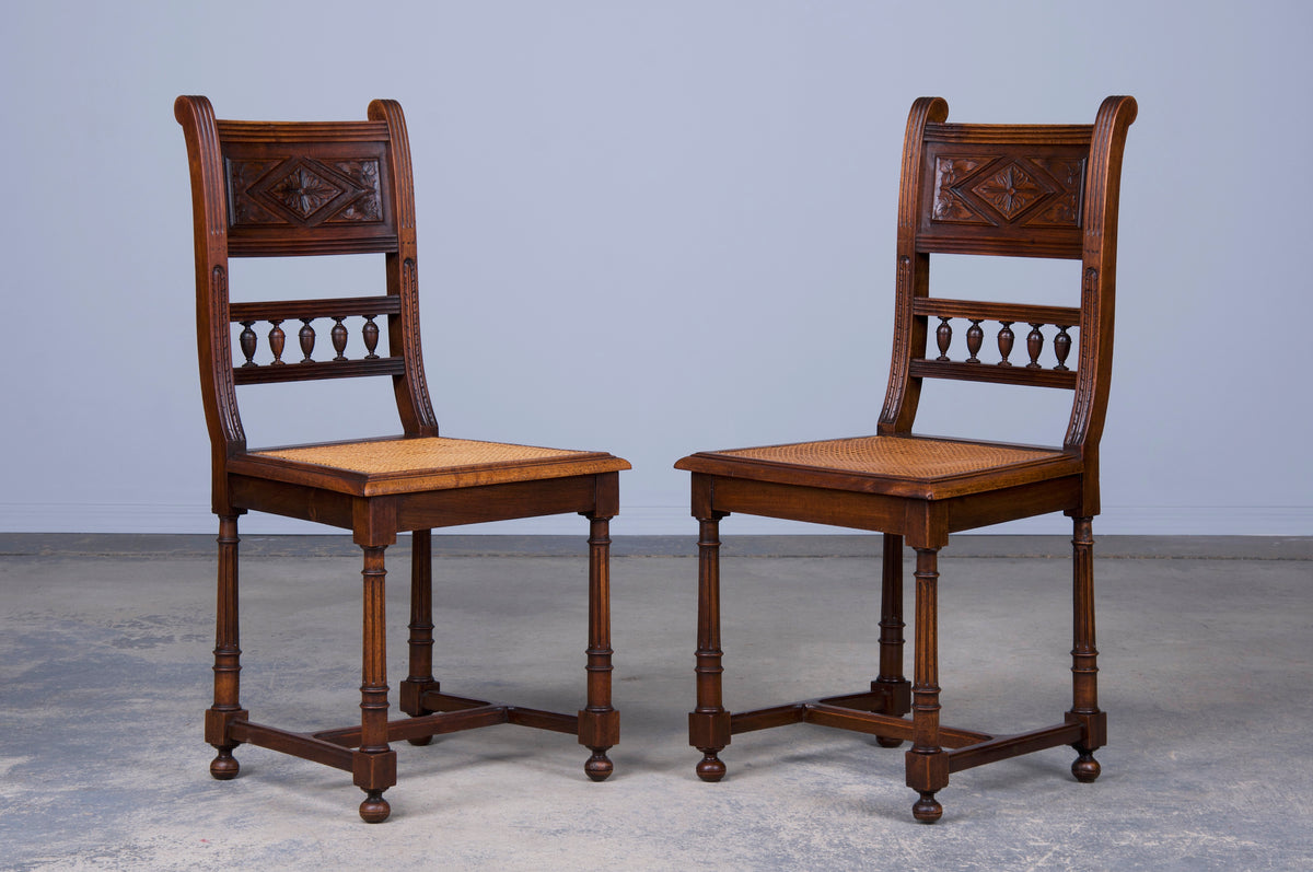 Antique French Henry II Style Walnut Dining Chairs W/ Cane Seats - Set of 6