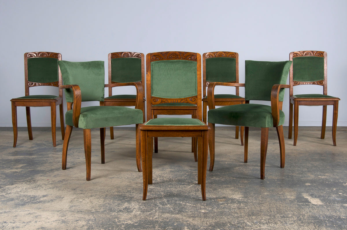 1930s French Art Deco Oak Dining Chairs W/ Green Velvet - Set of 8