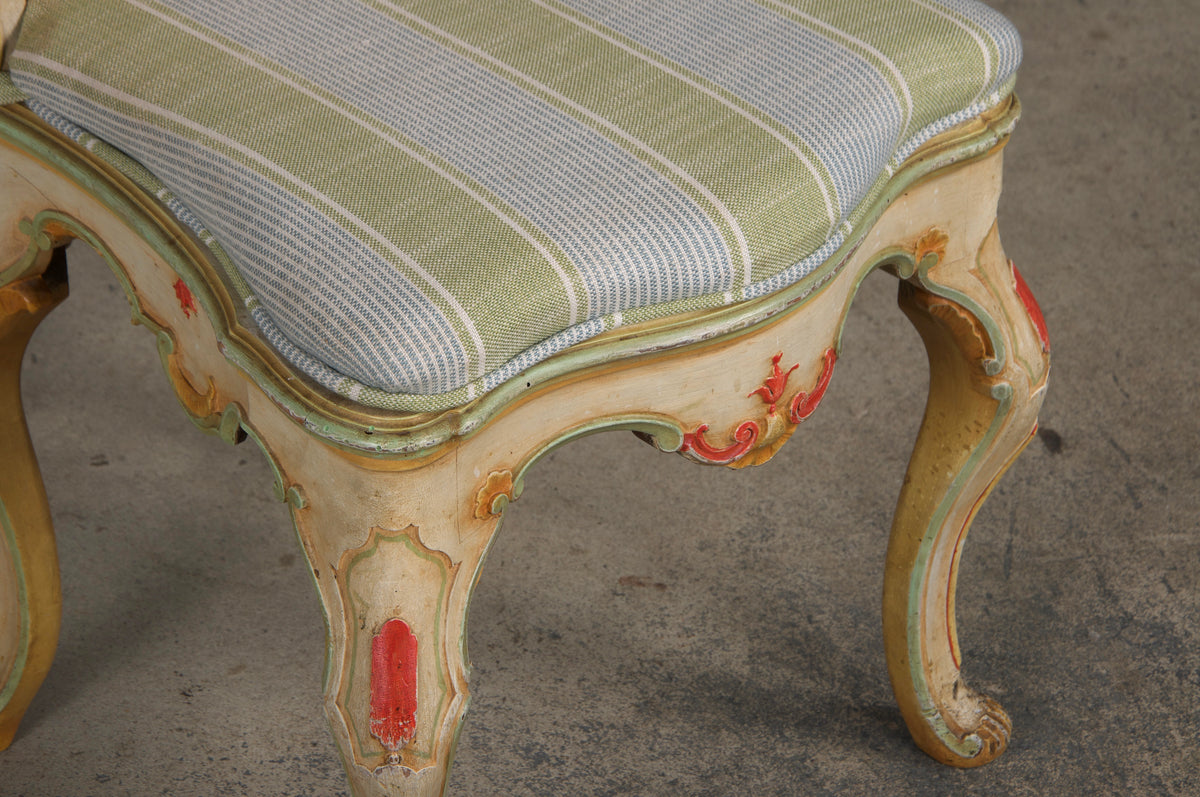 Early 19th Century French Louis XV Style Painted Cane Back Dining Chairs W/ Striped Linen - Set of 6