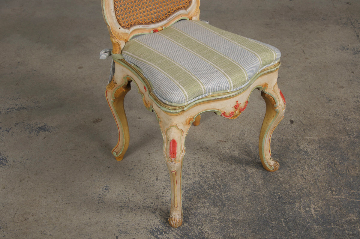 Early 19th Century French Louis XV Style Painted Cane Back Dining Chairs W/ Striped Linen - Set of 6