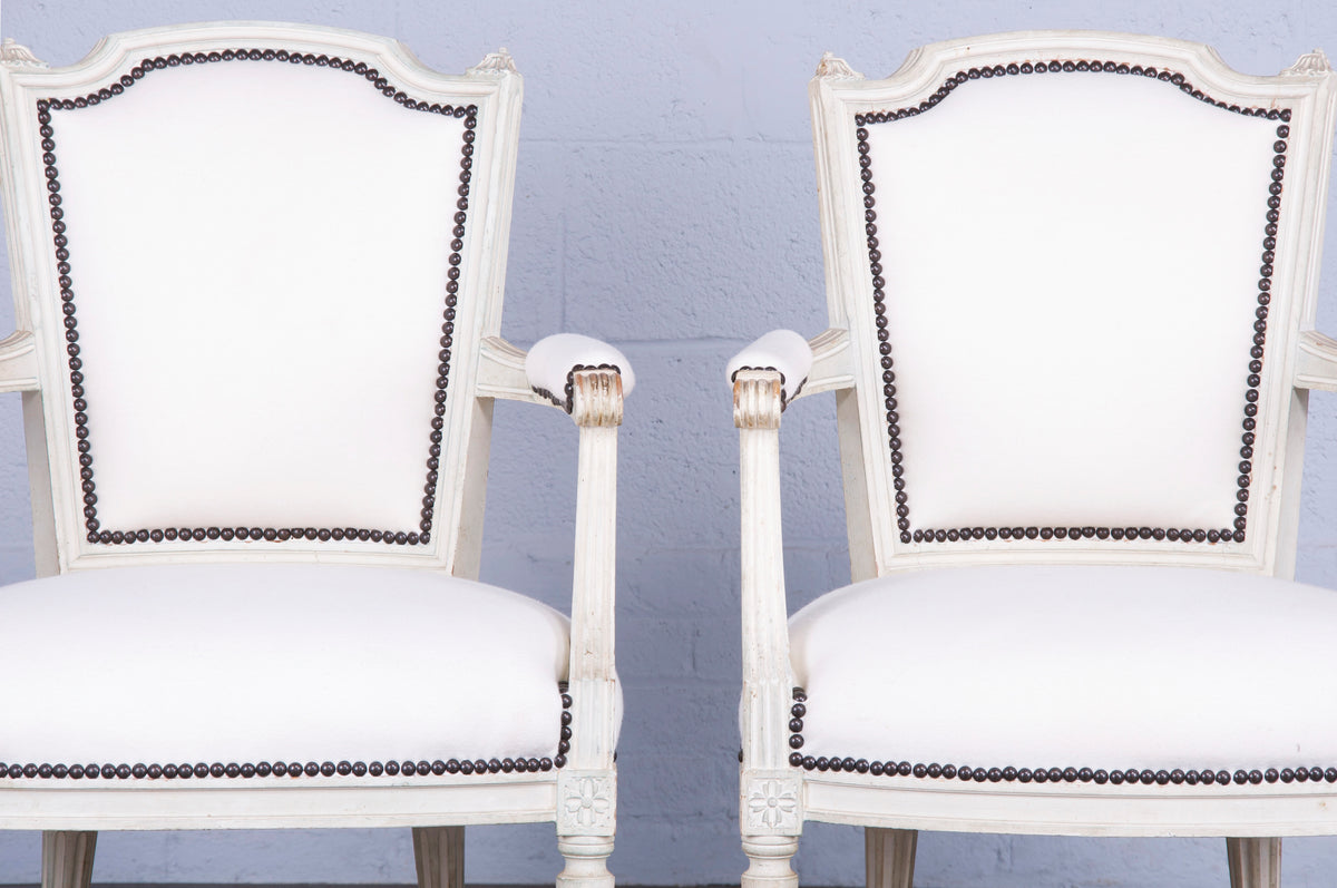 Antique French Louis XVI Style Painted Armchairs W/ White Wool - A Pair