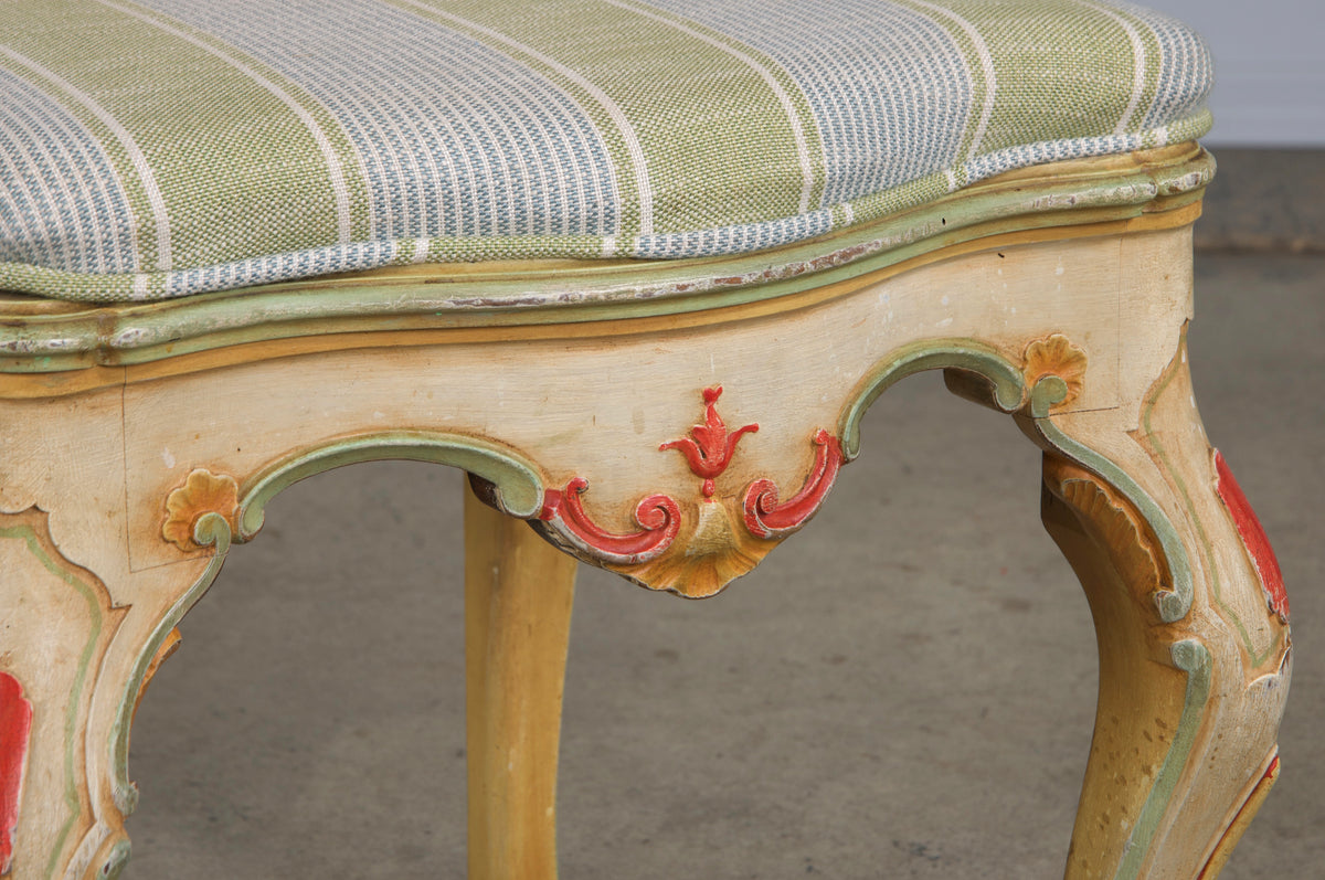 Early 19th Century French Louis XV Style Painted Cane Back Dining Chairs W/ Striped Linen - Set of 6