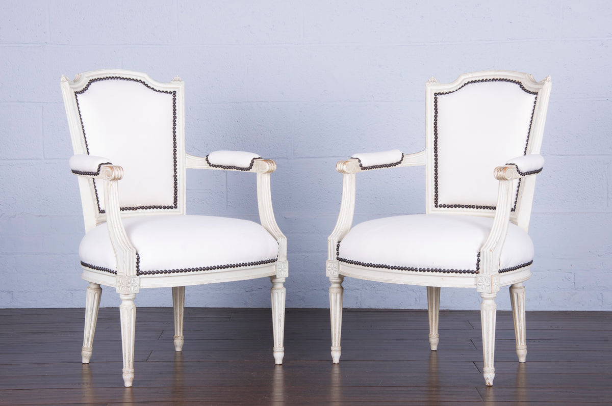 Antique French Louis XVI Style Painted Armchairs W/ White Wool - A Pair
