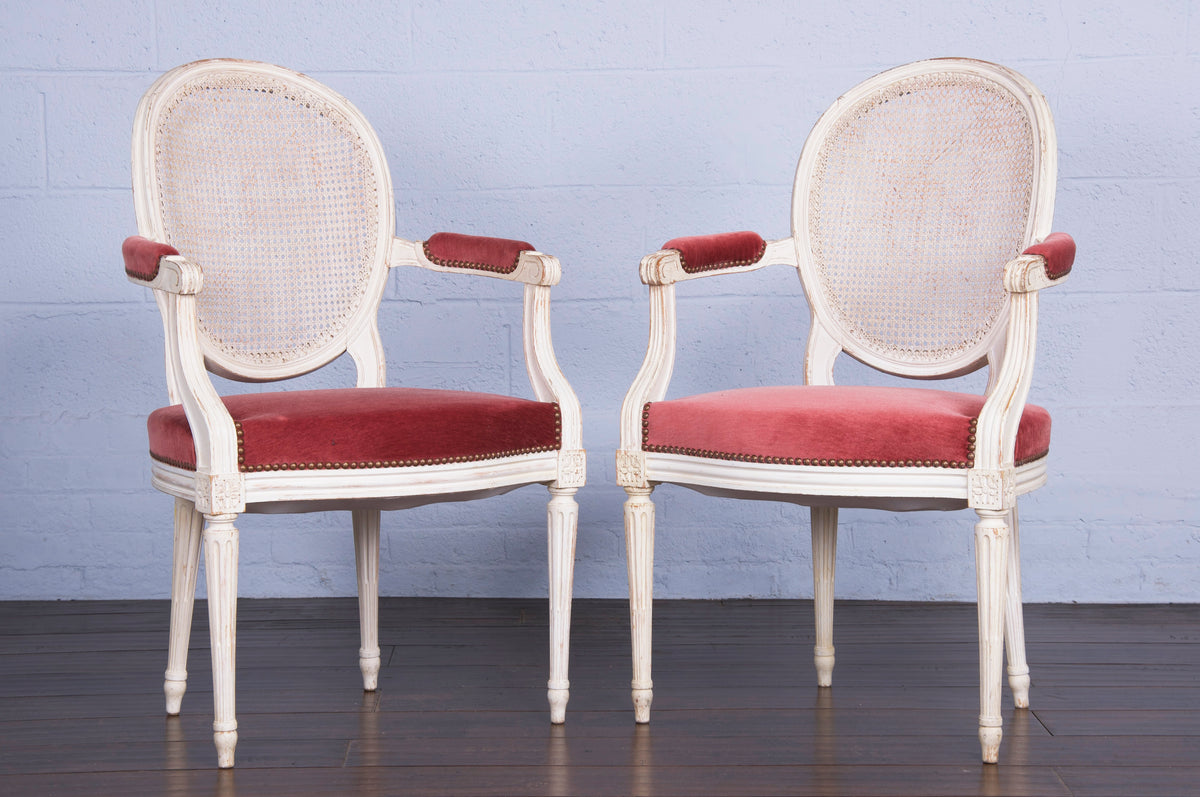 Antique French Louis XVI Style Painted Armchairs W/ Cane Back and Pink Mohair - a Pair