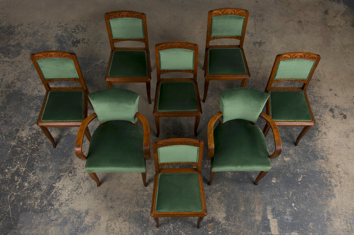 1930s French Art Deco Oak Dining Chairs W/ Green Velvet - Set of 8