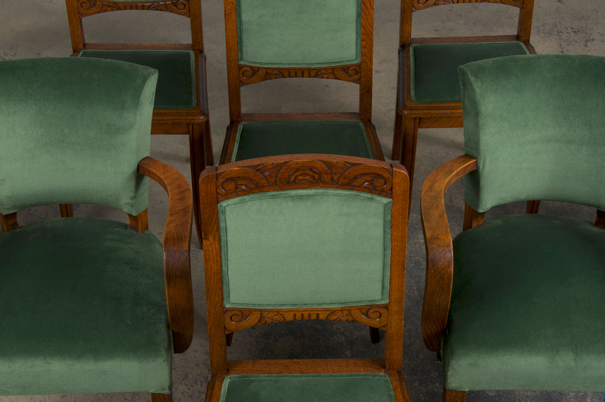 1930s French Art Deco Oak Dining Chairs W/ Green Velvet - Set of 8