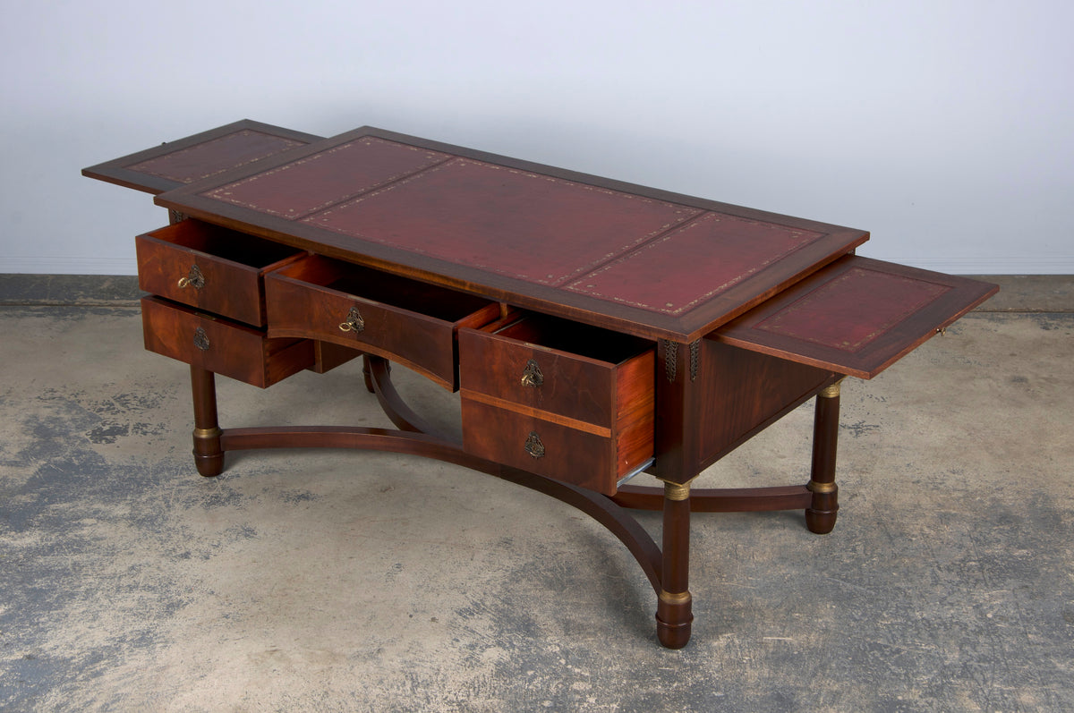 French Empire Style Mahogany Writing Desk W/ Red Leather Top