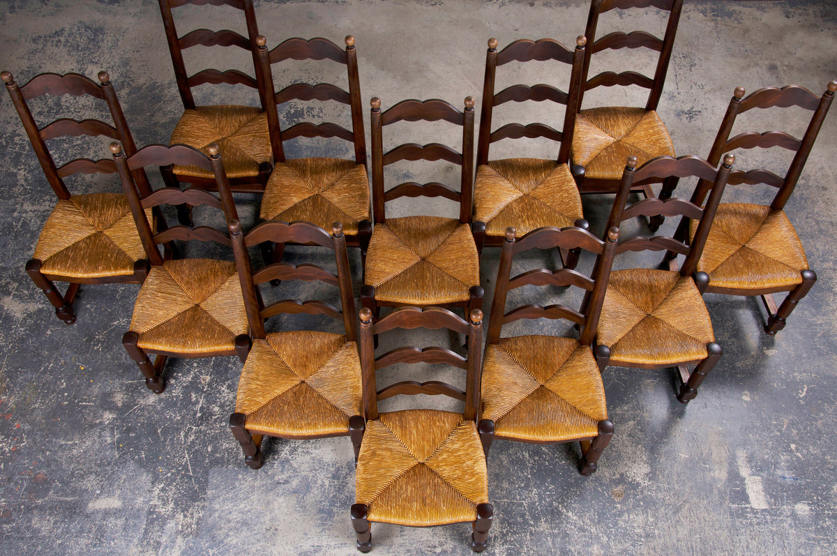 Antique Country French Style Maple Ladder Back Farmhouse Dining Chairs W/ Rush Seats - set of 12