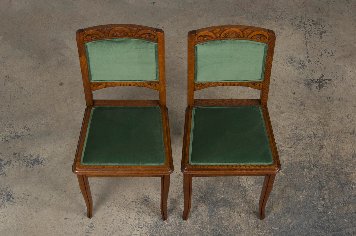 1930s French Art Deco Oak Dining Chairs W/ Green Velvet - Set of 8