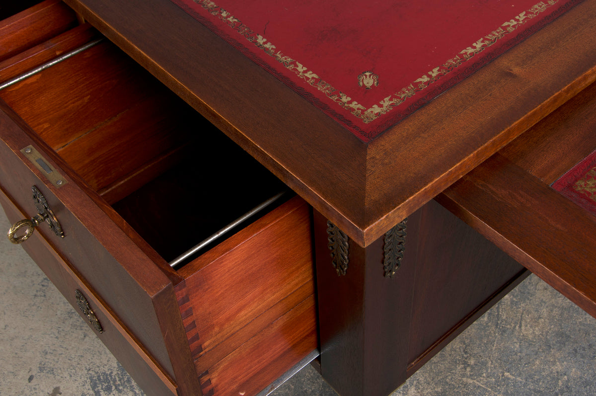 French Empire Style Mahogany Writing Desk W/ Red Leather Top