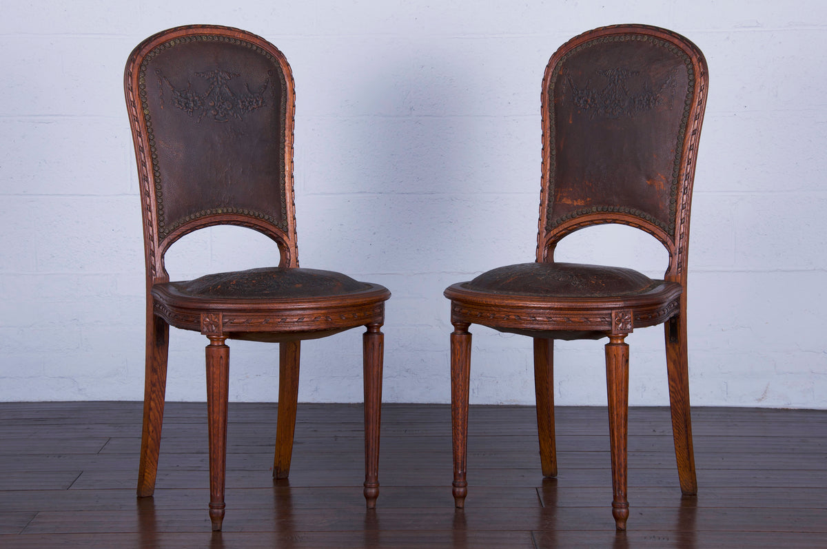Antique French Louis XVI Style Oak  Dining Chairs W/ Tooled Leather - Set of 6