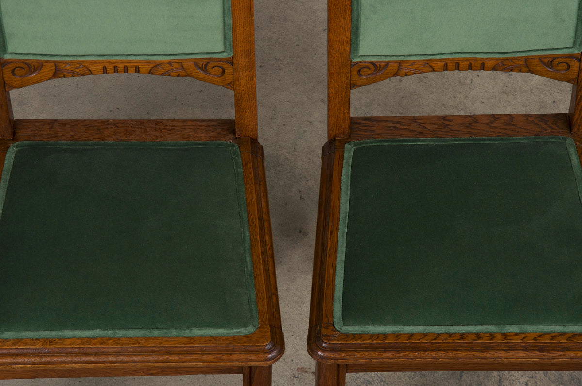 1930s French Art Deco Oak Dining Chairs W/ Green Velvet - Set of 8