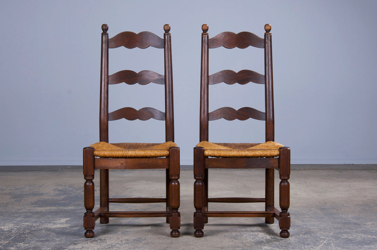 Antique Country French Style Maple Ladder Back Farmhouse Dining Chairs W/ Rush Seats - set of 12