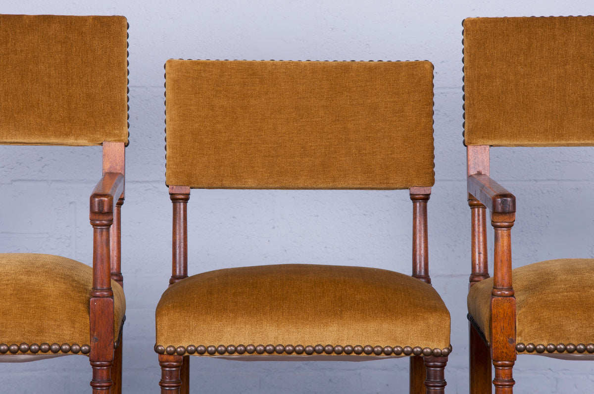 Antique Country French Provincial Walnut Dining Chairs W/ Golden Yellow Fabric - Set of 10