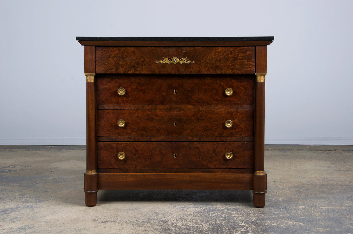 Antique French Empire Walnut Chest of Drawers W/ Black Marble Top