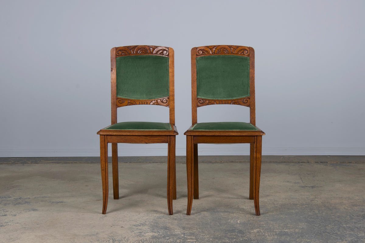 1930s French Art Deco Oak Dining Chairs W/ Green Velvet - Set of 8