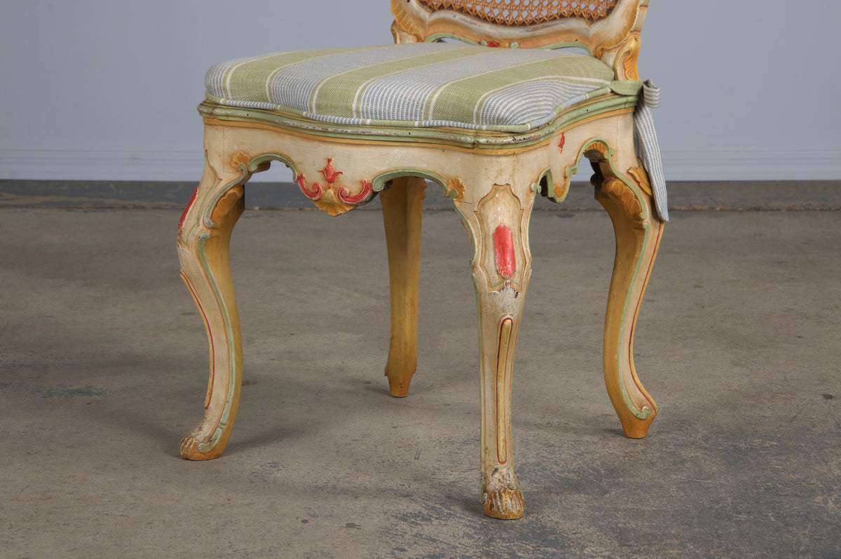 Early 19th Century French Louis XV Style Painted Cane Back Dining Chairs W/ Striped Linen - Set of 6