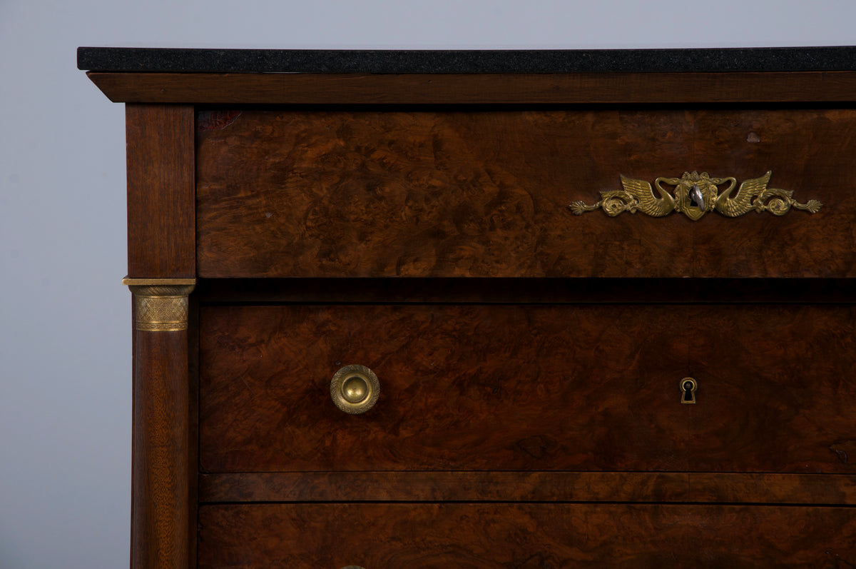 Antique French Empire Walnut Chest of Drawers W/ Black Marble Top